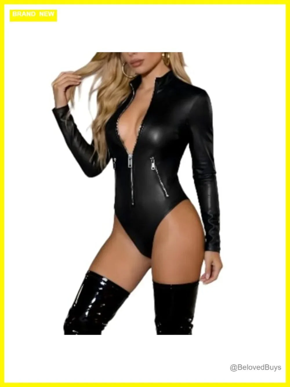 Faux Leather Zip Front High Neck Long Sleeve Bodysuit Bodycon Jumpsuit Party